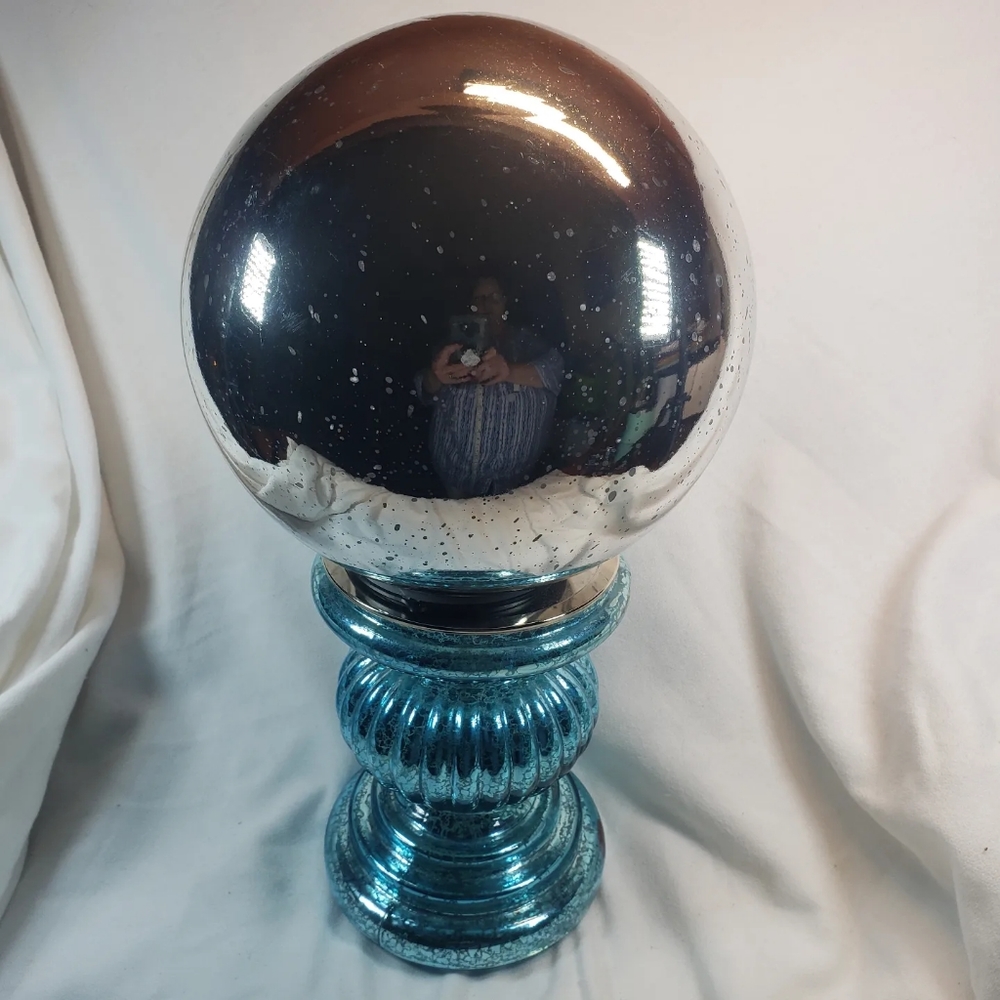 Turquoise Blue Mercury Glass Pedastal with Glass Illuminating Silver Sphere